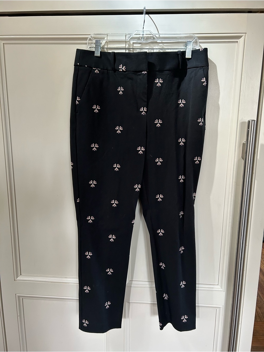 LOFT Black Cropped Dress Pants with Pink Embroidered Motif